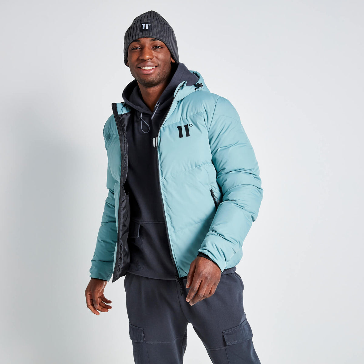 11 Degrees Large Panelled Puffer Jacket Washed Green Kevin Bowens