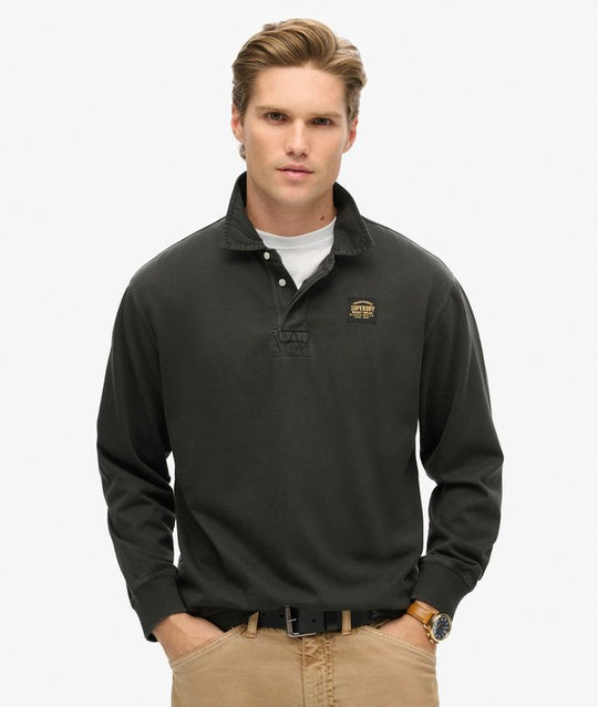 Superdry Contrast Stitch LS Rugby Top - Washed Black
