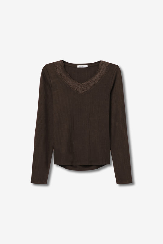 Tiffosi Icy Long Sleeve Lace Detail Top - Brown
