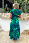 AX Paris Green And Blue Abstract Print Short Sleeve Belted Wrap Midi Dress