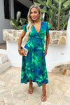 AX Paris Green And Blue Abstract Print Short Sleeve Belted Wrap Midi Dress