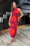 AX Paris Orange And Purple Abstract Print Halter Neck Draped Waist Midi Dress