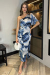 AX Paris Navy Marble Print One Shoulder Wrap Skirt Midi Dress