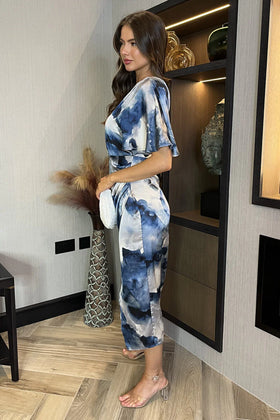 AX Paris Navy Marble Print One Shoulder Wrap Skirt Midi Dress