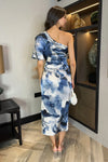 AX Paris Navy Marble Print One Shoulder Wrap Skirt Midi Dress