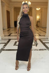 AX Paris Halter Neck Draped Waist Midi Dress - Chocolate