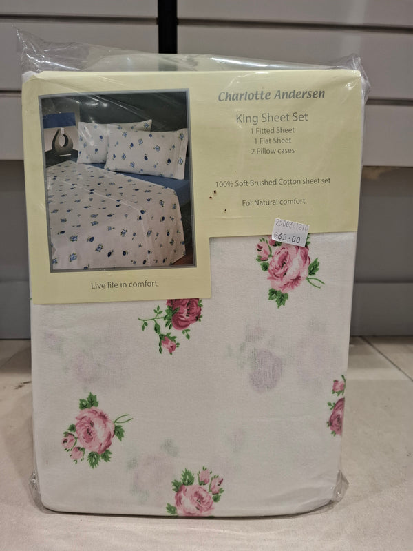 Charlotte Andersen 100% Brushed Cotton Sheet Set - Pink Flower