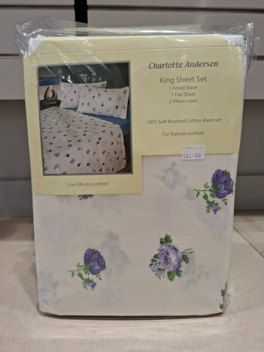 Charlotte Andersen 100% Brushed Cotton Sheet Set - Purple Flower