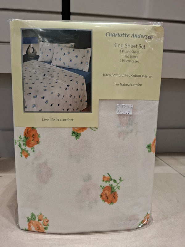 Charlotte Andersen 100% Brushed Cotton Sheet Set - Orange Flower