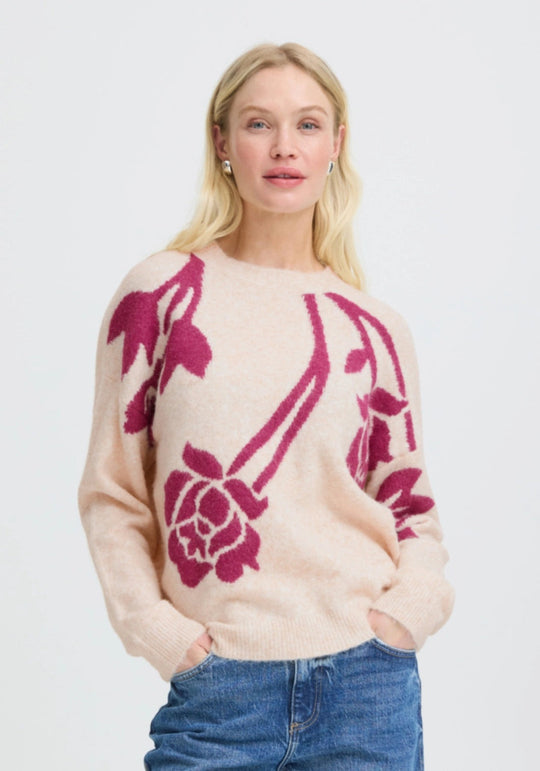 B.Young Omea Flower Jumper - Birch/Pink Rose