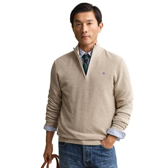Gant Micro Texture Cotton Half Zip - Oat Melange