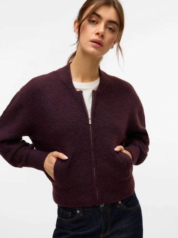 Vero Moda Hanna Long Sleeve O-Neck Zipper Cardigan - Winetasting