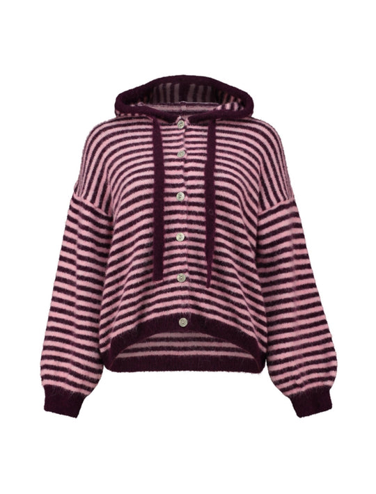 Haily's Selina Hooded Cardigan - Bordeaux/ Rose Stripe