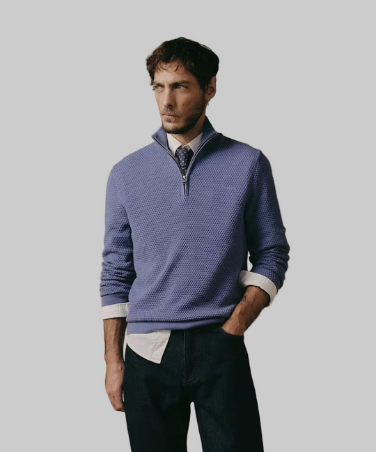 Gant Textured Cotton Merino Half Zip - Denim Blue Melange