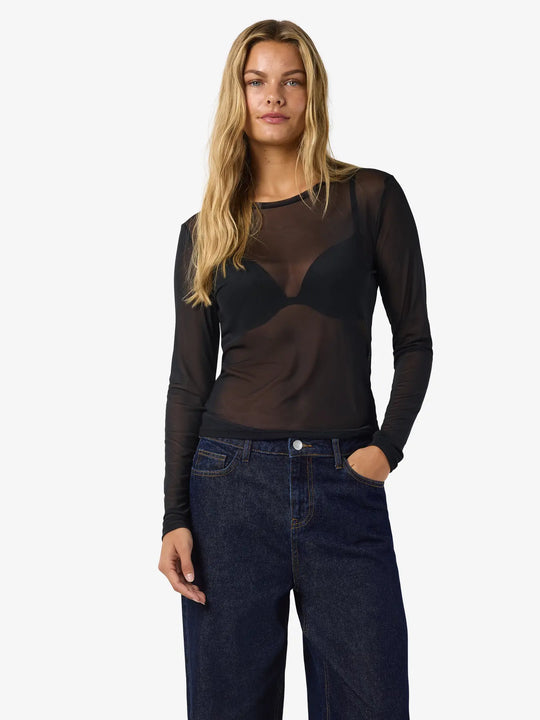 Noisy May Judith Long Sleeve Mesh Top - Black
