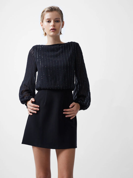 French Connection Effy Sequin Slash Neck Long Sleeve Dress - Black