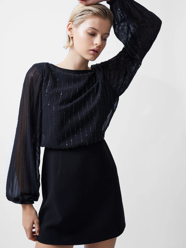 French Connection Effy Sequin Slash Neck Long Sleeve Dress - Black