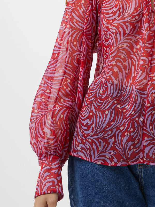 French Connection Printed Chiffon Keyhole Long Sleeve Top - Scarlet Red Multi