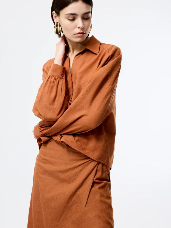 French Connection Ariette Linen Blend Long Sleeve Tuck Shirt - Coffee Brown