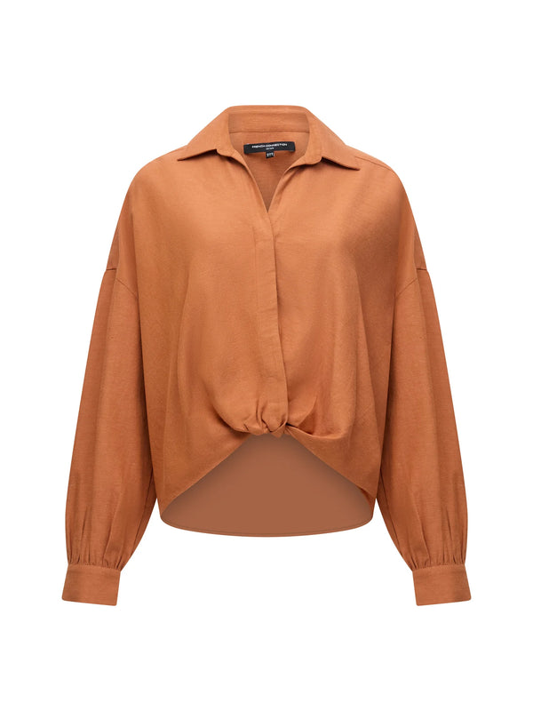French Connection Ariette Linen Blend Long Sleeve Tuck Shirt - Coffee Brown