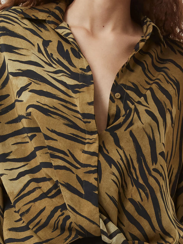 French Connection Damasco Adeline Print Tuck Shirt- Golden Olive Khaki