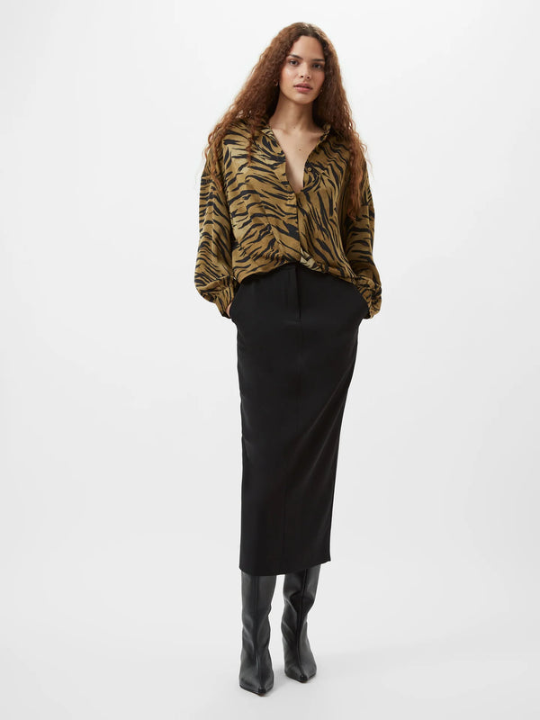 French Connection Damasco Adeline Print Tuck Shirt- Golden Olive Khaki