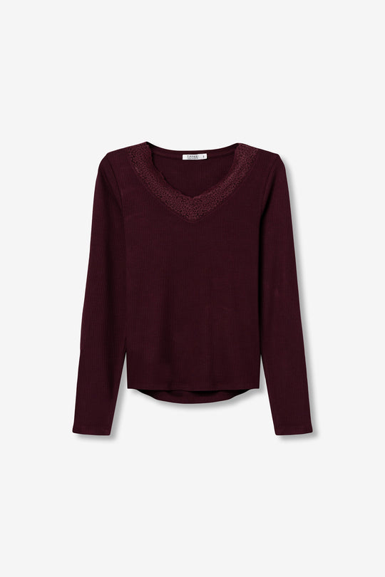 Tiffosi Icy Long Sleeve Lace Detail Top - Fig