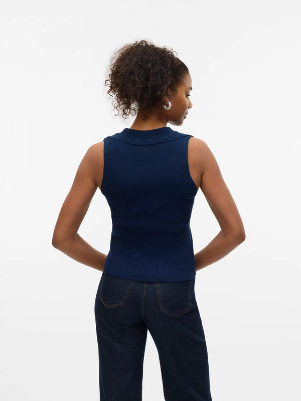 Vero Moda Willow Short Sleeve V-Neck Polo Top - Navy Blazer [Size XL]