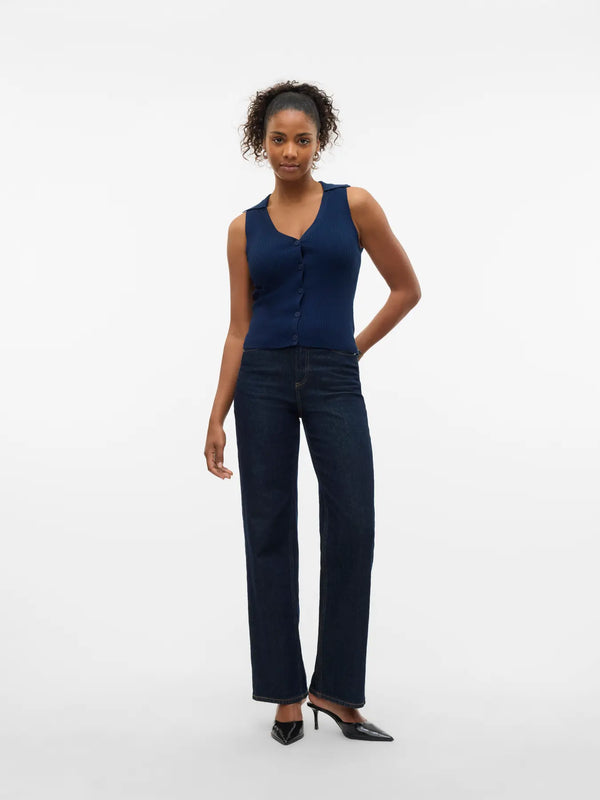 Vero Moda Willow Short Sleeve V-Neck Polo Top - Navy Blazer [Size XL]