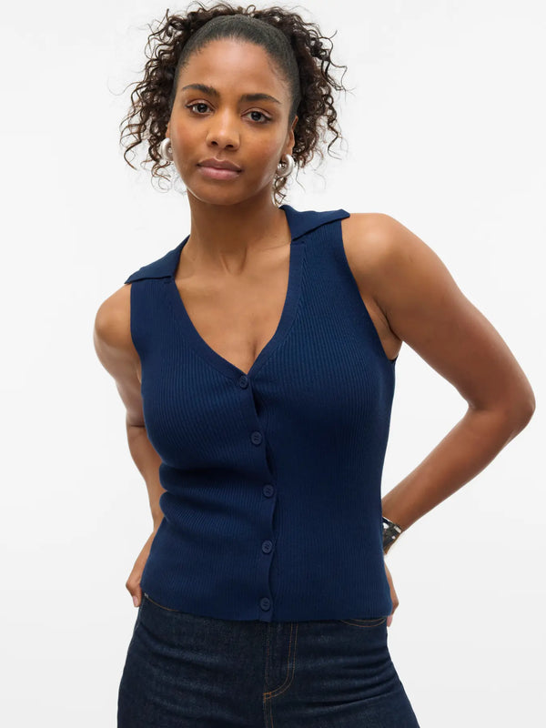 Vero Moda Willow Short Sleeve V-Neck Polo Top - Navy Blazer [Size XL]