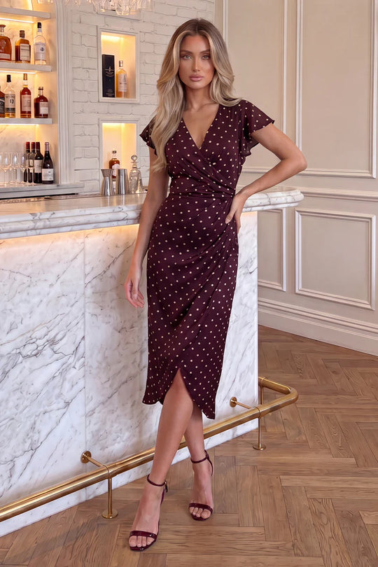 AX Paris Polka Dot Flutter Sleeve Wrap Midi Dress - Burgundy