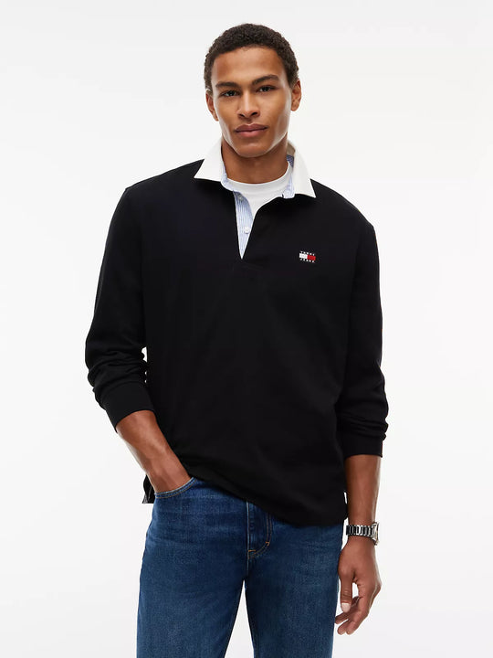 Tommy Jeans Relaxed Essential Badge Rugby Polo - Black