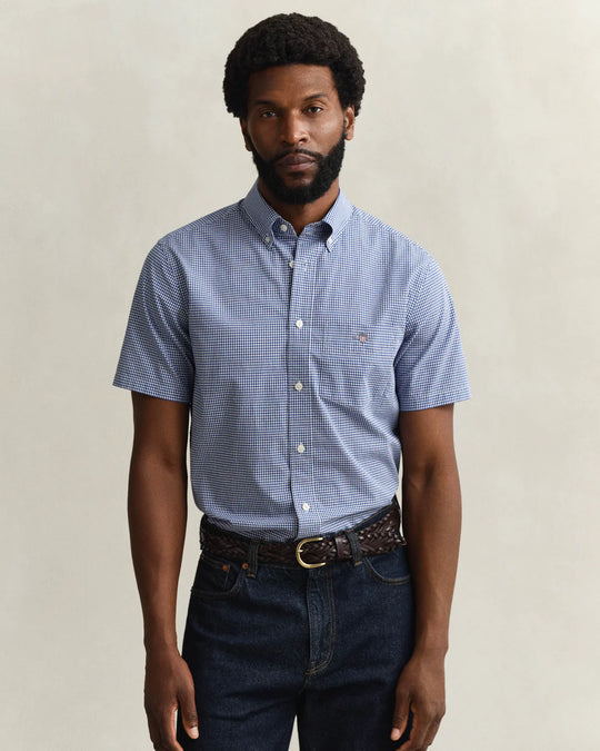 Gant Reg Classic Poplin Gingham Short Sleeve Shirt - College Blue
