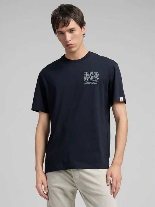 Replay Jersey T-Shirt With Distressed Lettering - Dark Navy M3204.000.2660.970