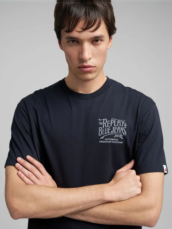 Replay Jersey T-Shirt With Distressed Lettering - Dark Navy M3204.000.2660.970
