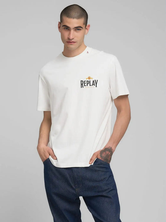 Replay Crew-Neck T-Shirt With Archival Print - Natural White M3279 .000.23608P.011