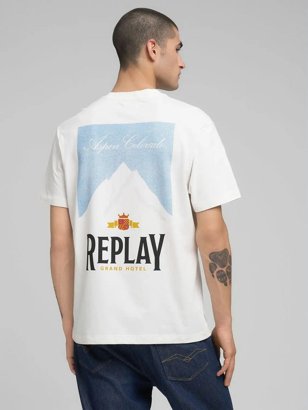 Replay Crew-Neck T-Shirt With Archival Print - Natural White M3279 .000.23608P.011