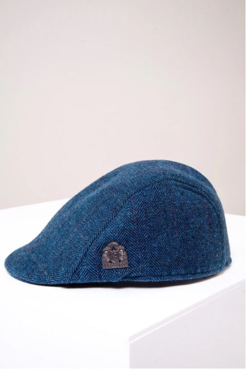 Marc Darcy Dion Tweed Check Flat Cap - Blue