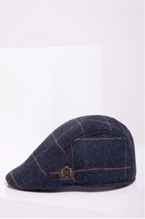 Marc Darcy Eton Check Tweed Flat Cap - Navy Blue