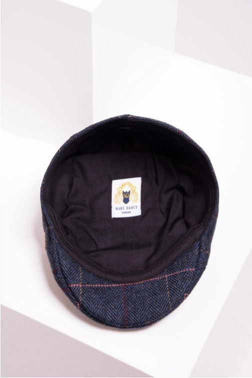 Marc Darcy Eton Check Tweed Flat Cap - Navy Blue