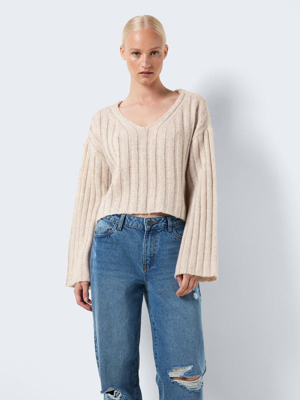 Noisy May Nina Long Sleeve V-Neck crop Knit - Eggnog