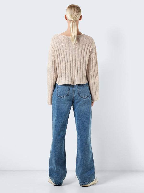 Noisy May Nina Long Sleeve V-Neck crop Knit - Eggnog