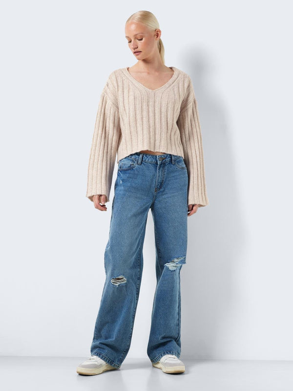 Noisy May Nina Long Sleeve V-Neck crop Knit - Eggnog