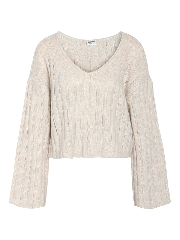 Noisy May Nina Long Sleeve V-Neck crop Knit - Eggnog