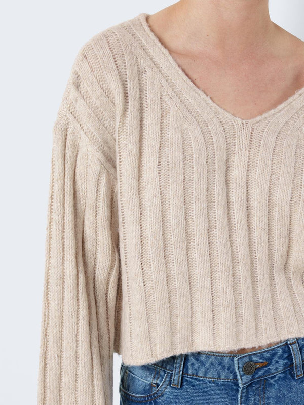 Noisy May Nina Long Sleeve V-Neck crop Knit - Eggnog