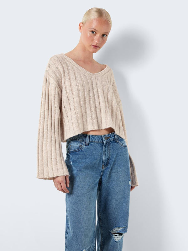 Noisy May Nina Long Sleeve V-Neck crop Knit - Eggnog