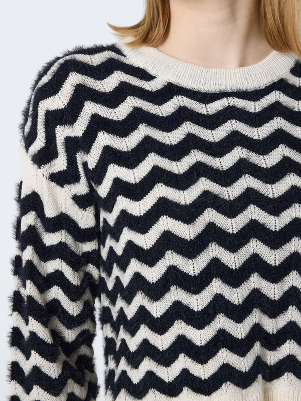 Noisy May Zuzi Long Sleeve O-Neck Knit - Eggnog Stripes/Black