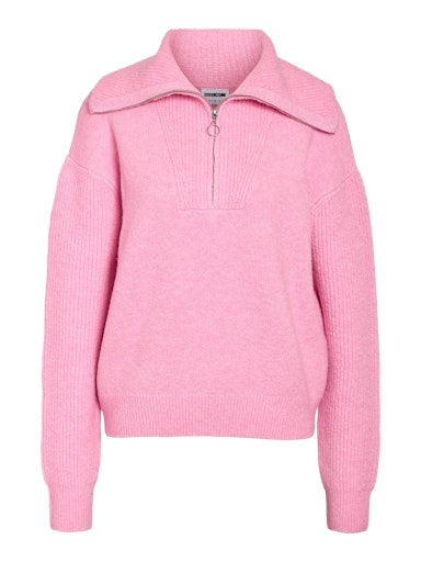 Noisy May Valma Long Sleve Rib Half Zip Knit - Bonbon