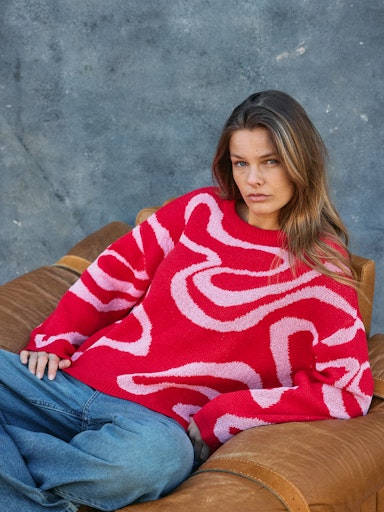 Noisy May Kourtney Long Sleeve O Neck Swirl Knit - Begonia Pink