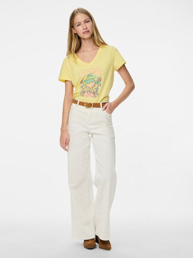Pieces Gabriella Short Sleeve V Neck T Shirt - Pale Banana/ Sunshine